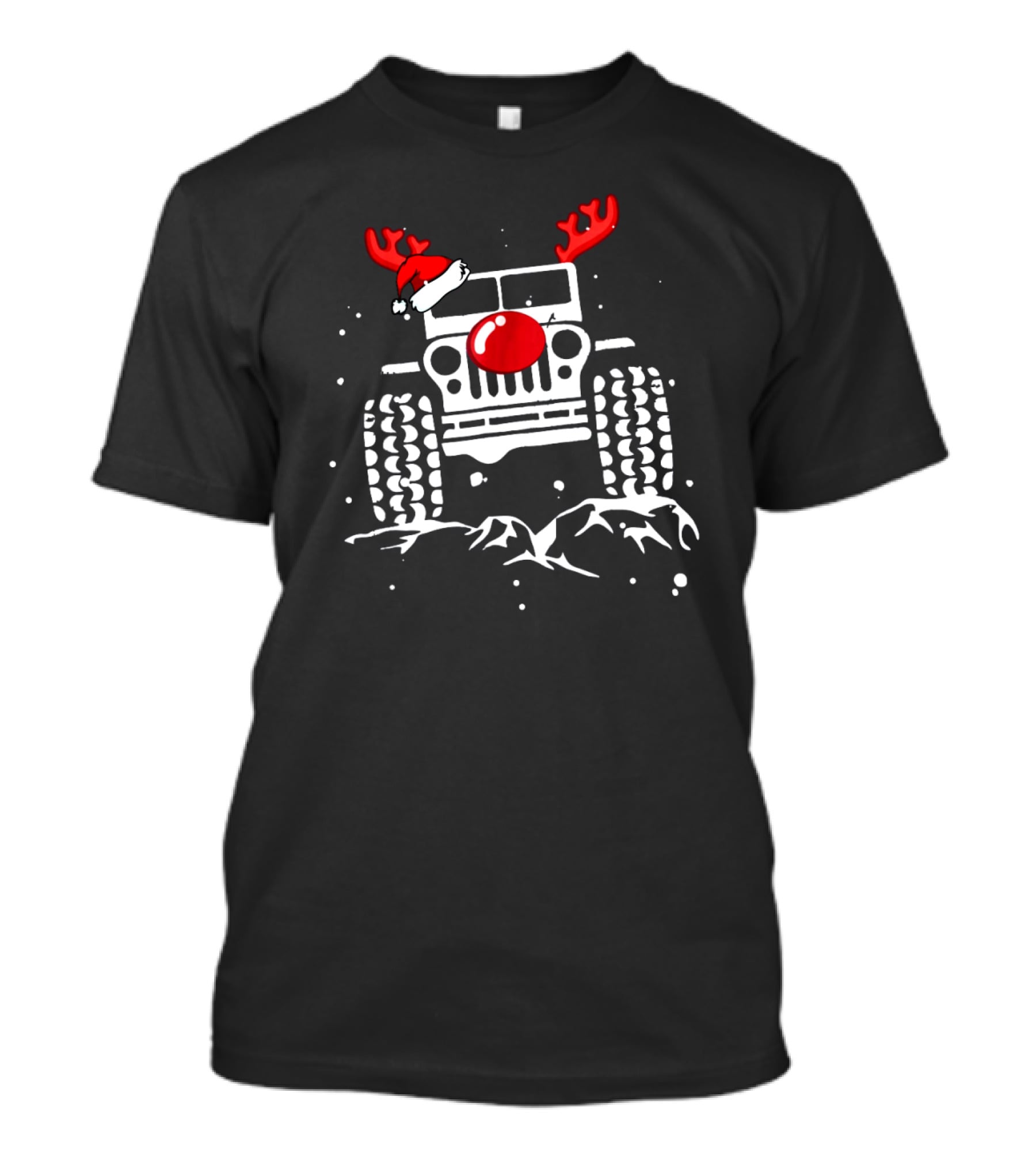 Jeep With Reindeer Antlers Santa Hat And Red Nose Christmas Holiday T-Shirt