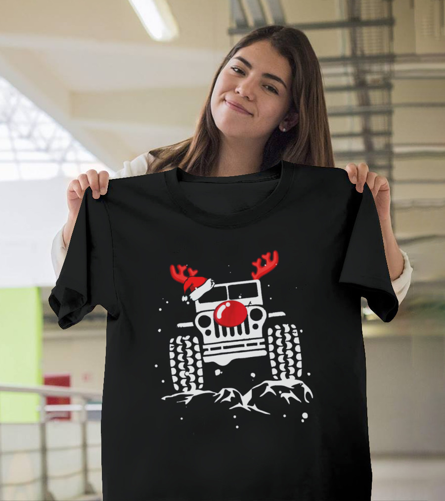 Jeep With Reindeer Antlers Santa Hat and Red Nose Christmas Holiday T-Shirt