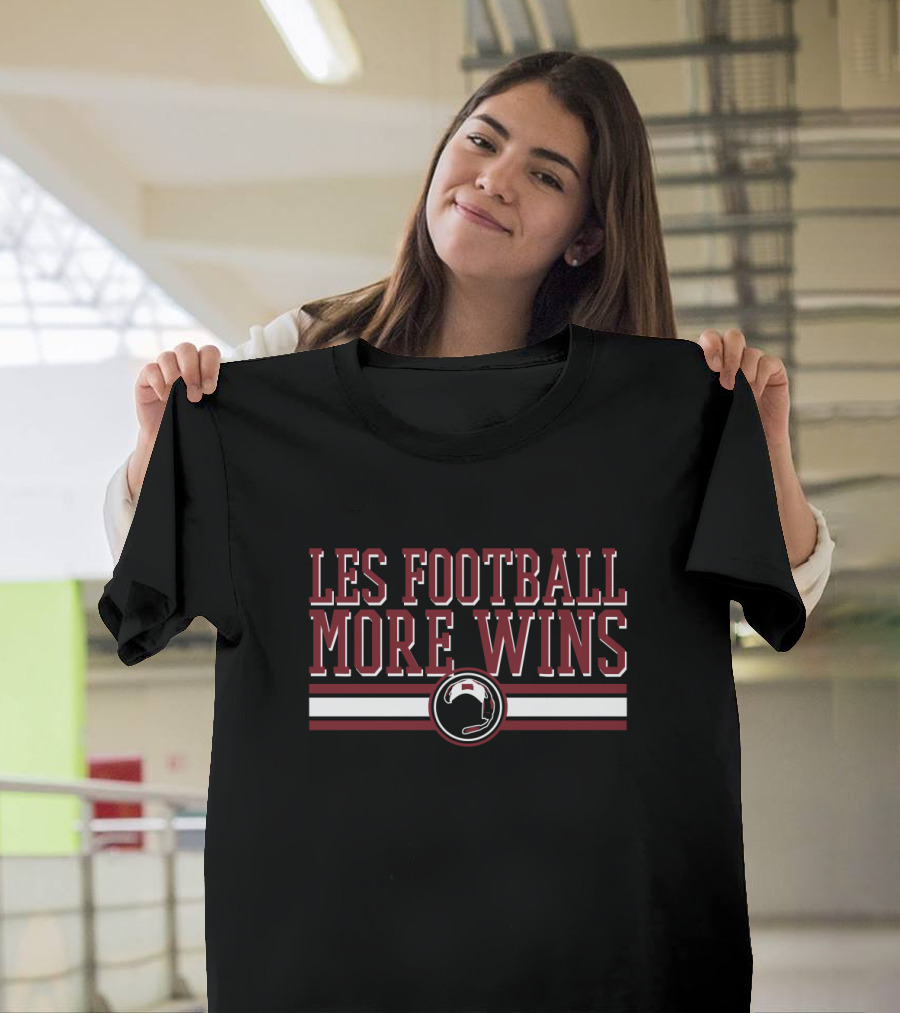 LES FOOTBALL MORE WINS Helmet Graphic Bold Red White Black Stripes T-Shirt