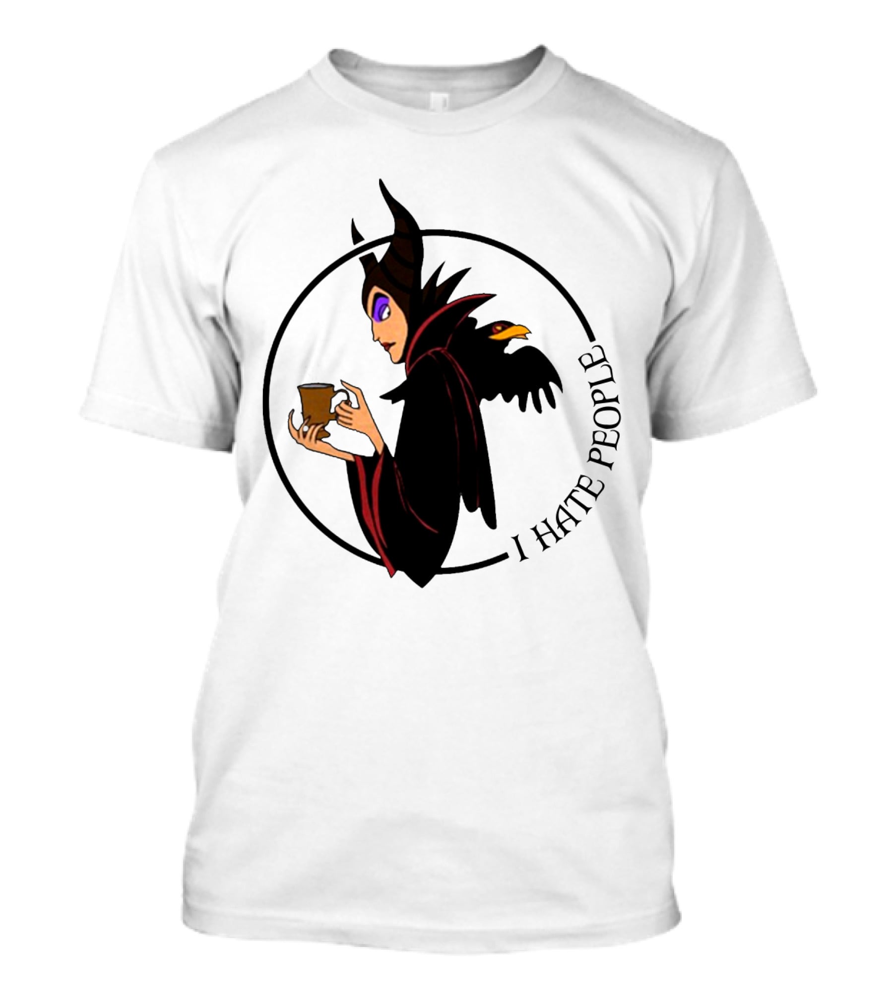Maleficent Coffee Holding With I Hate People Text And Raven On Shoulder T-Shirt