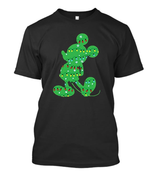 Mickey Mouse Silhouette With Festive Christmas Lights And Green Holiday T-Shirt