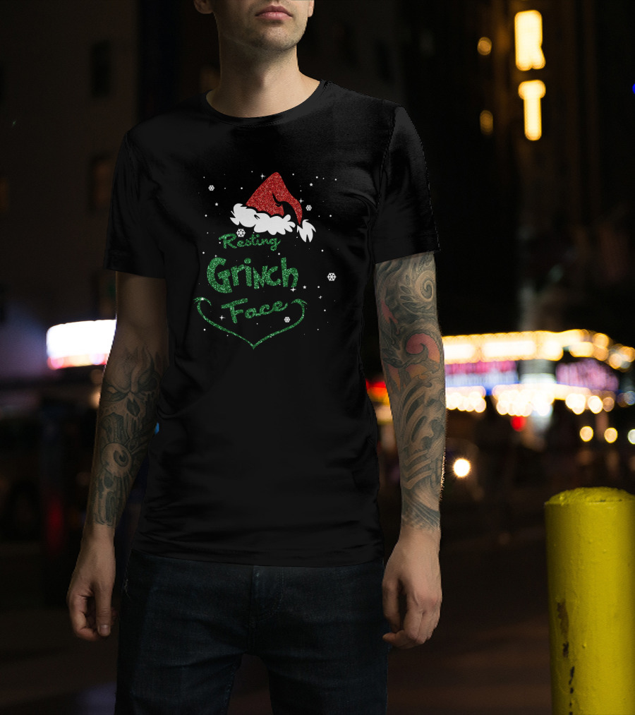 Resting Grinch Face Santa Hat Snowflakes T-Shirt