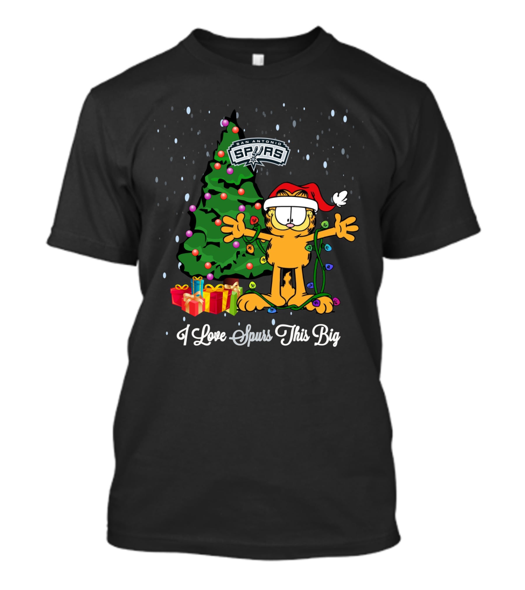 I Love Spurs This Big San Antonio Spurs Christmas With Garfield And Tree T-Shirt