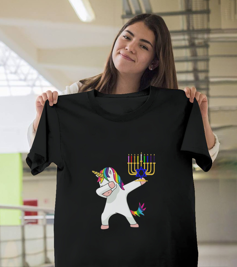 Unicorn Dabbing with Menorah Hanukkah Rainbow Mane and Tail T-Shirt