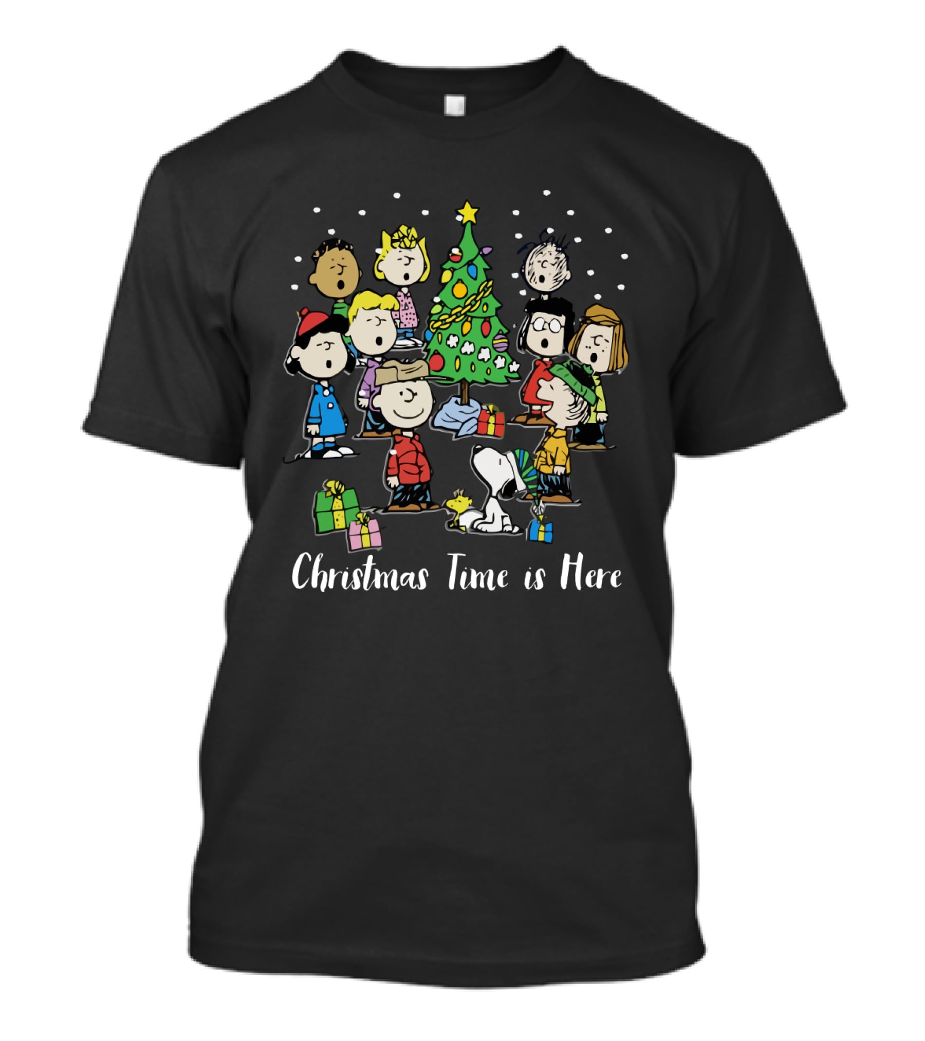 Peanuts Christmas Time Is Here Snoopy And Characters Around Christmas Tree T-Shirt