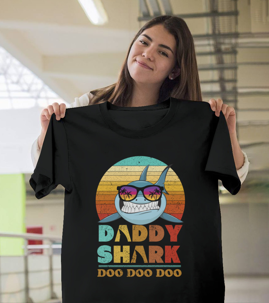 Daddy Shark Doo Doo Doo Retro Sunset Sunglasses Palms Colorful T-Shirt