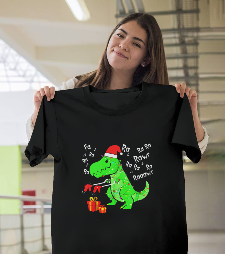 Santa Hat Dinosaur with Christmas Lights and Presents Singing Fa Ra Ra Ra Rawr Raaawr Tree Rex T-Shirt