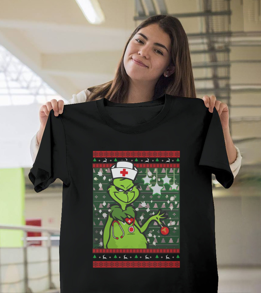 Nurse Ugly Sweater Merry Christmas Grinch With Nurse Hat And Stethoscope T-Shirt