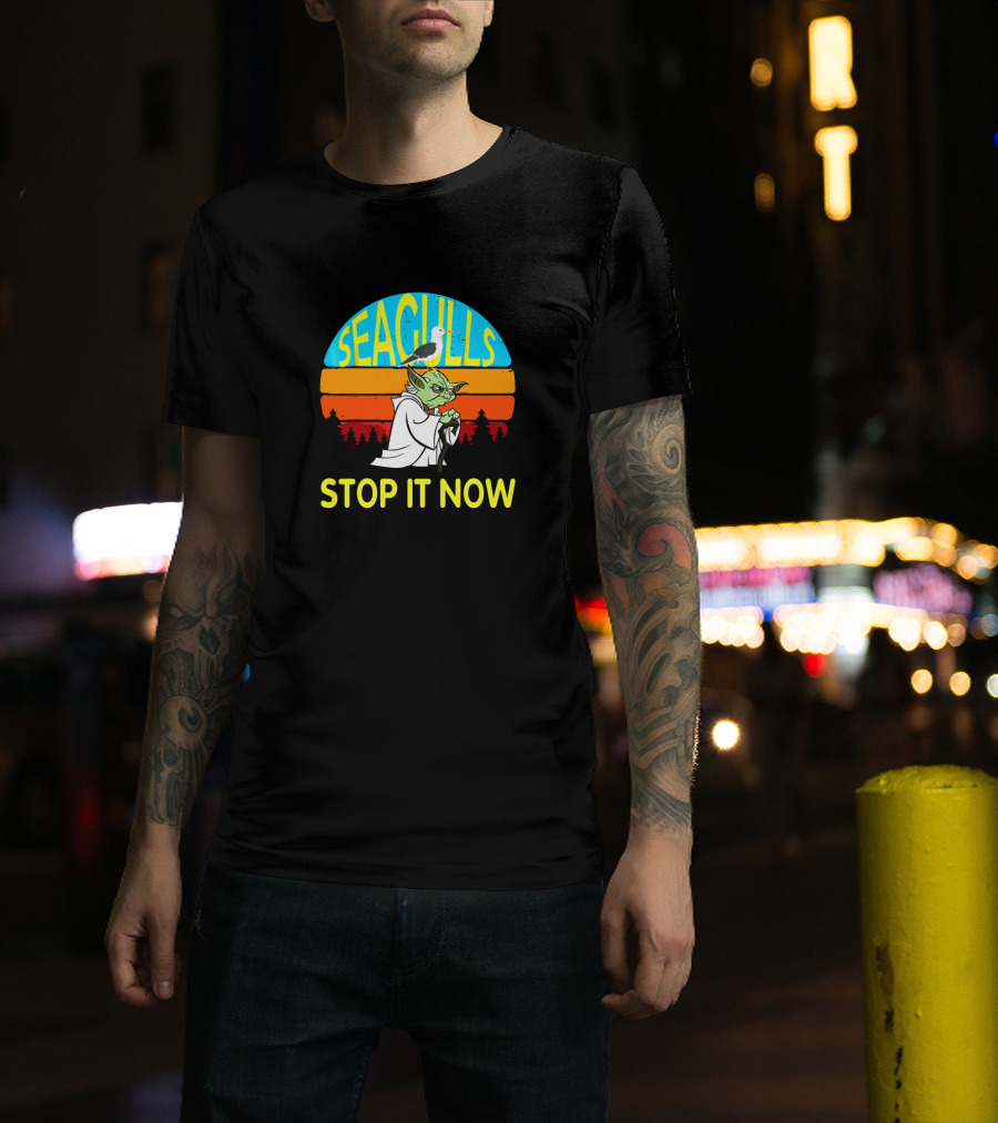Seagulls Stop It Now Funny Retro Yoda Influence Vintage Sunset T-Shirt