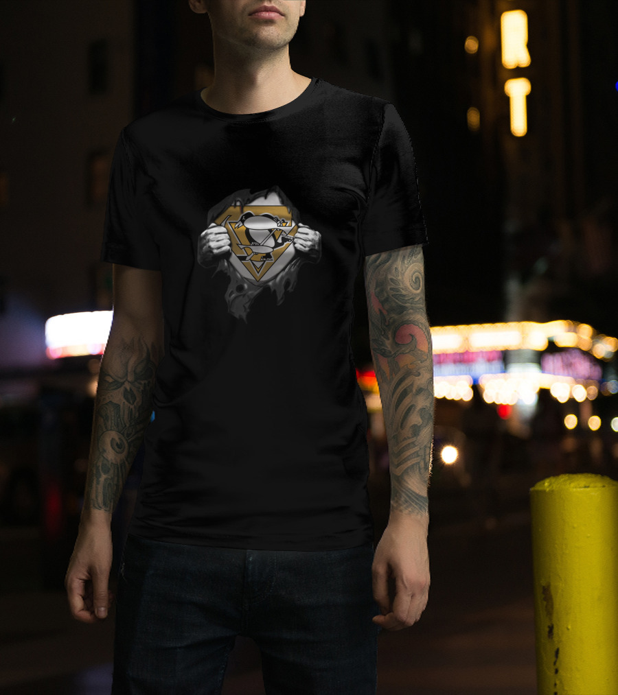 Pittsburgh Penguins Superman Logo Mashup Fan Shirt Design Burst Graphic Display T-Shirt