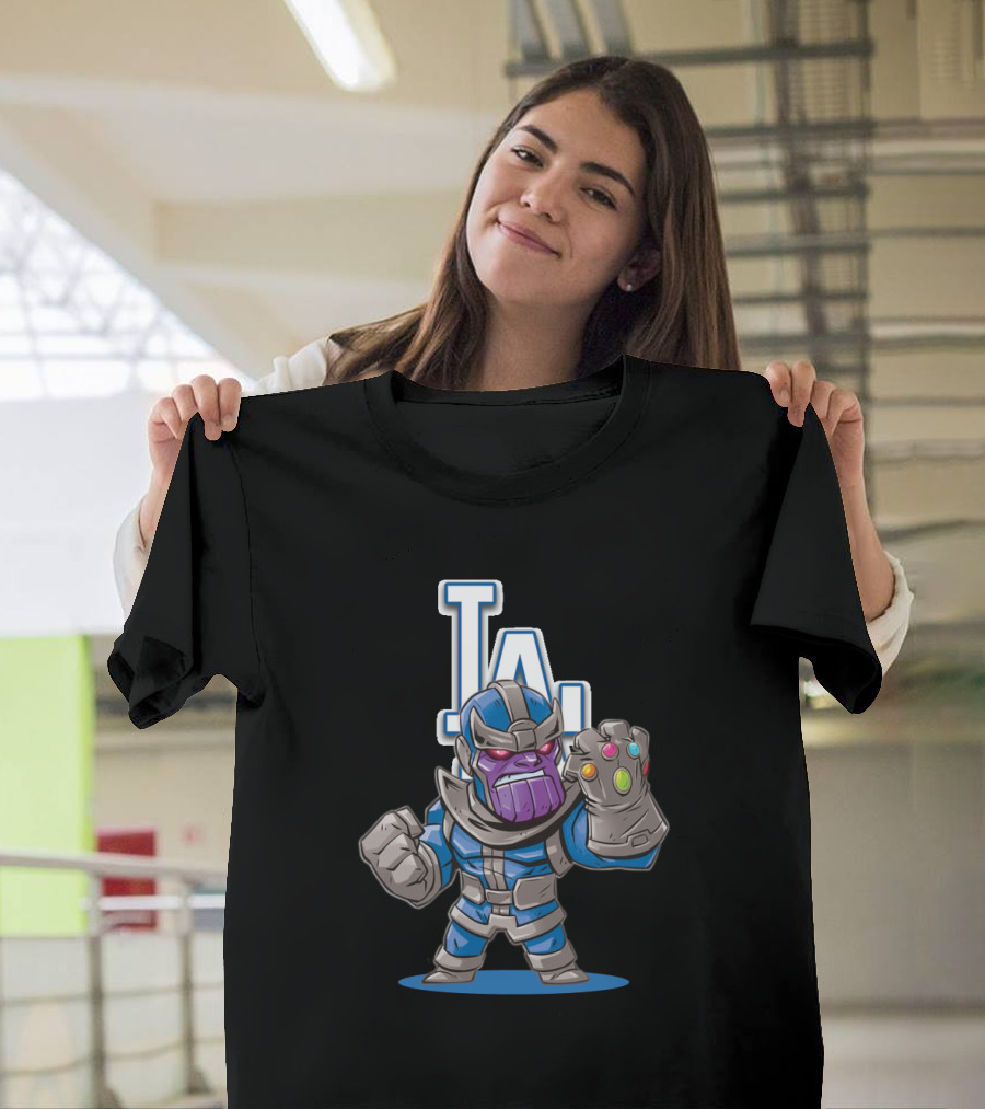 Thanos In Los Angeles Dodgers Colors With Infinity Gauntlet Front Of LA T-Shirt