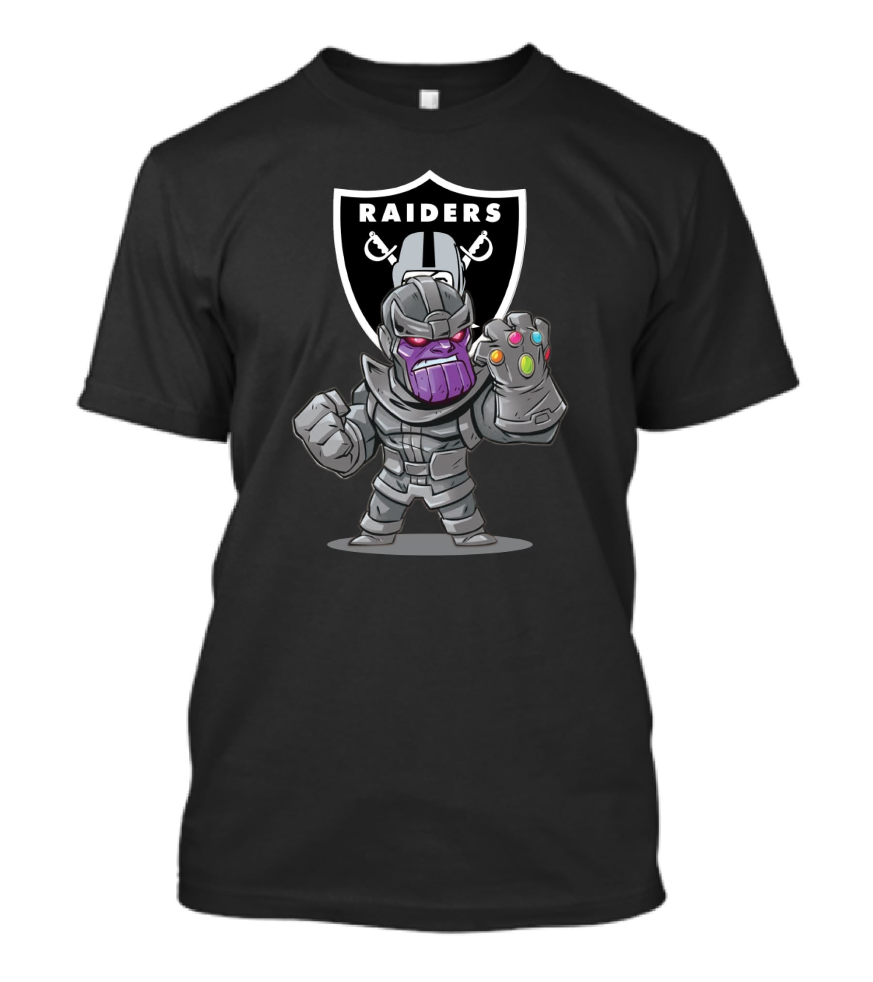 Raiders Shield With Thanos Character Holding Infinity Gauntlet T-Shirt