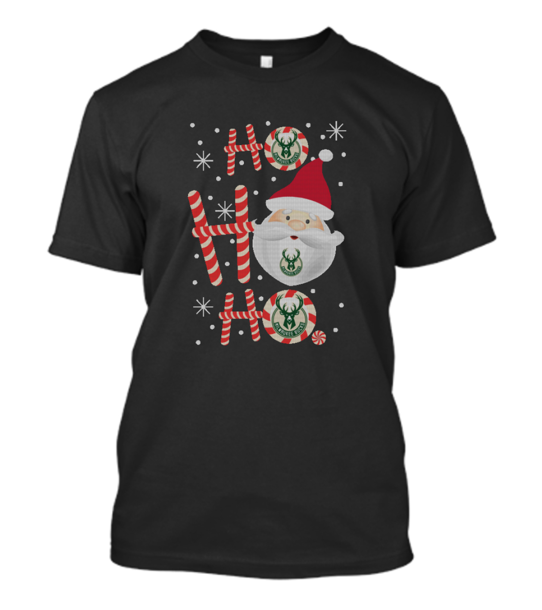 Ho Ho Ho Xmas Santa With Milwaukee Bucks Logos And Candy Canes T-Shirt