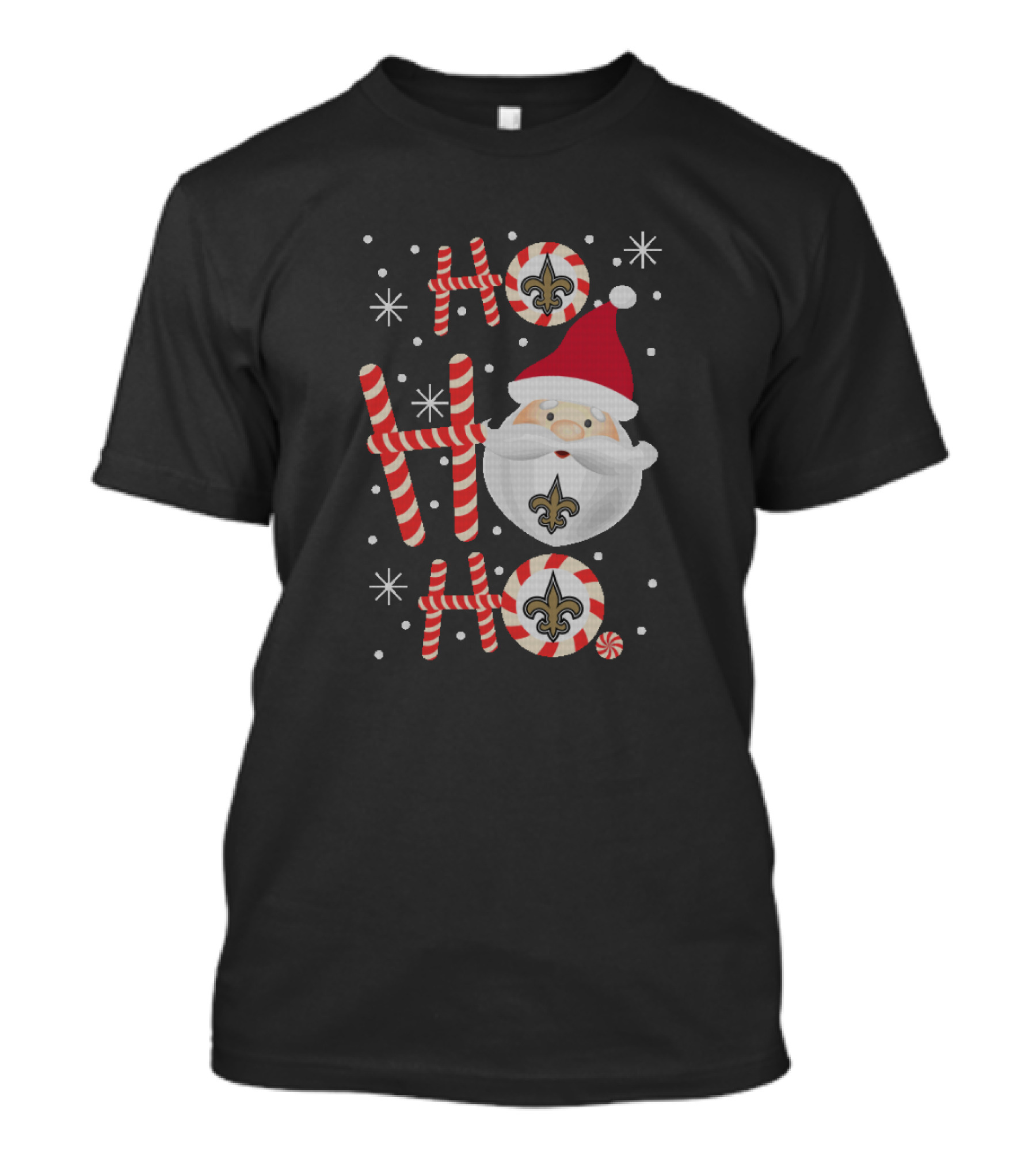 Ho Ho Ho Xmas New Orleans Saints Fans Fleur-De-Lis Santa Hat Candy Cane T-Shirt
