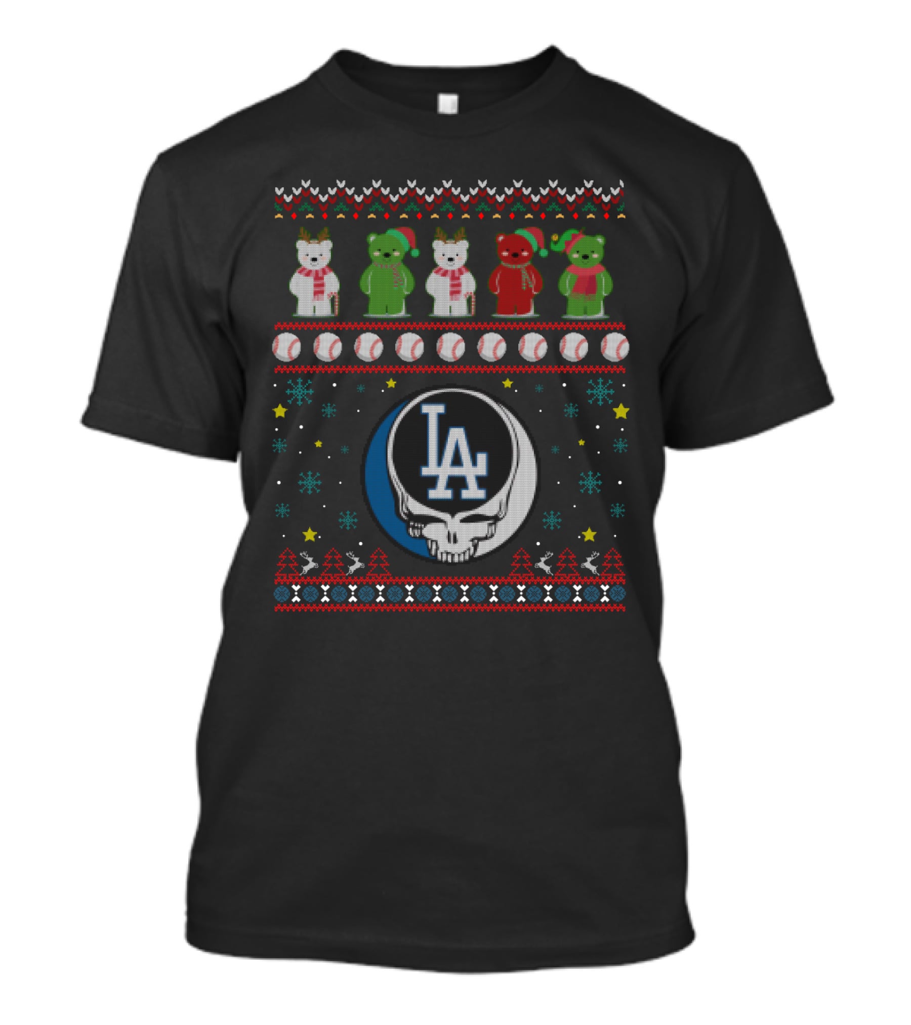 Los Angeles Dodgers Grateful Dead Bears Christmas Baseball T-Shirt