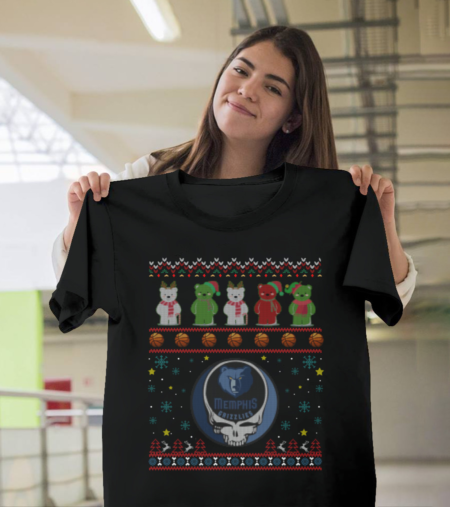 Memphis Grizzlies Bears Grateful Dead Christmas Themed Knit T-Shirt