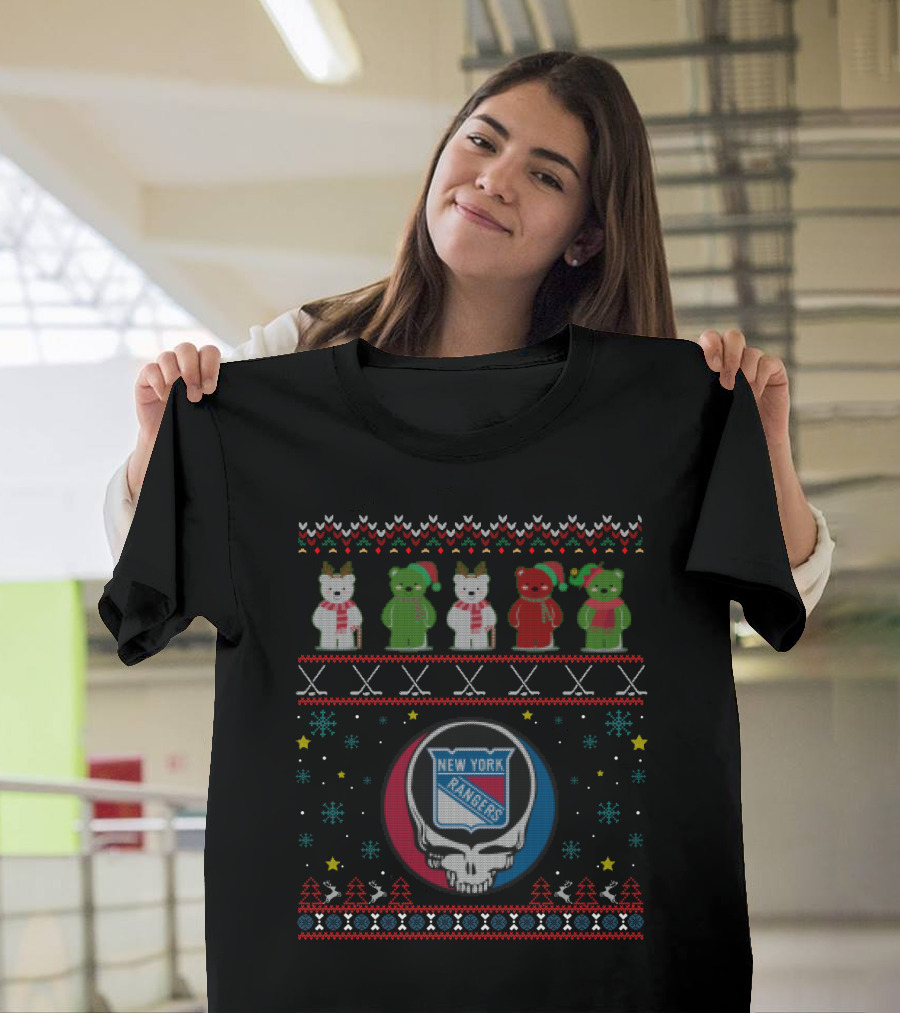New York Rangers Grateful Dead Bears Holiday Sweater Motif T-Shirt