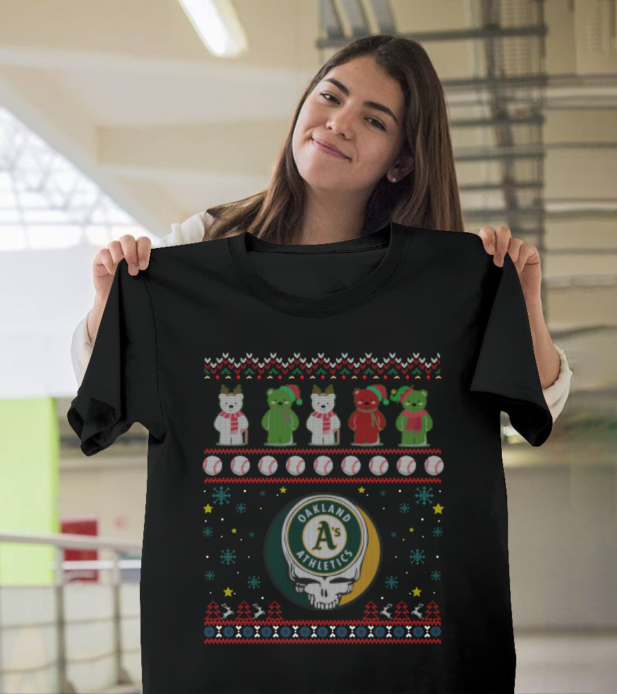 Oakland Athletics Grateful Dead Bears Christmas Baseball T-Shirt