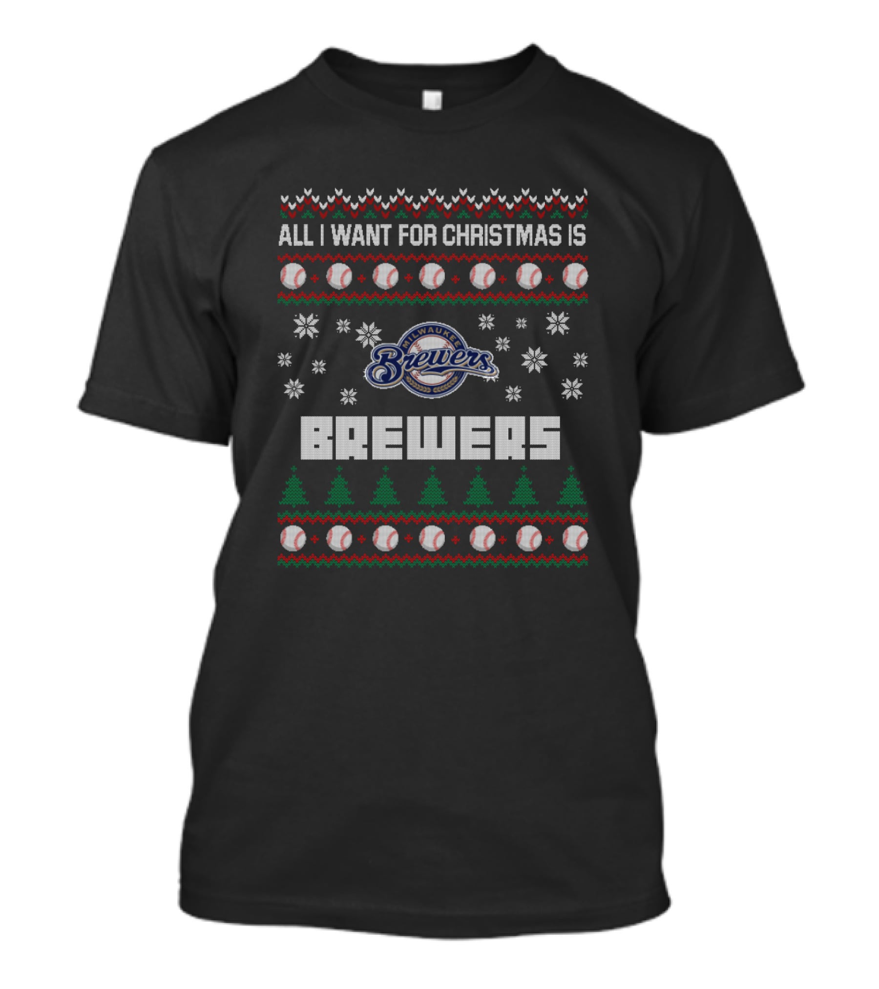 All I Want For Christmas Is Milwaukee Brewers Snowflakes Baseball Tree T-Shirt