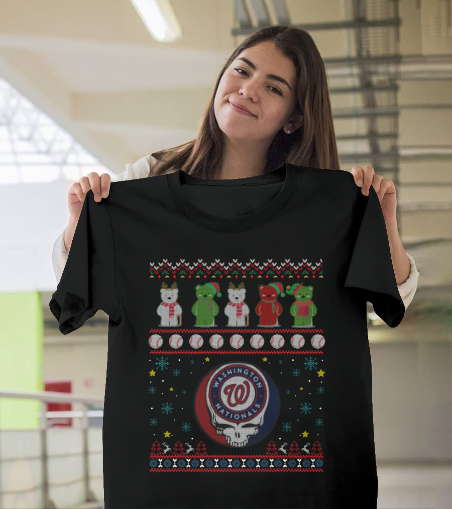 Washington Nationals Christmas Bears And Grateful Dead Skull Holiday T-Shirt