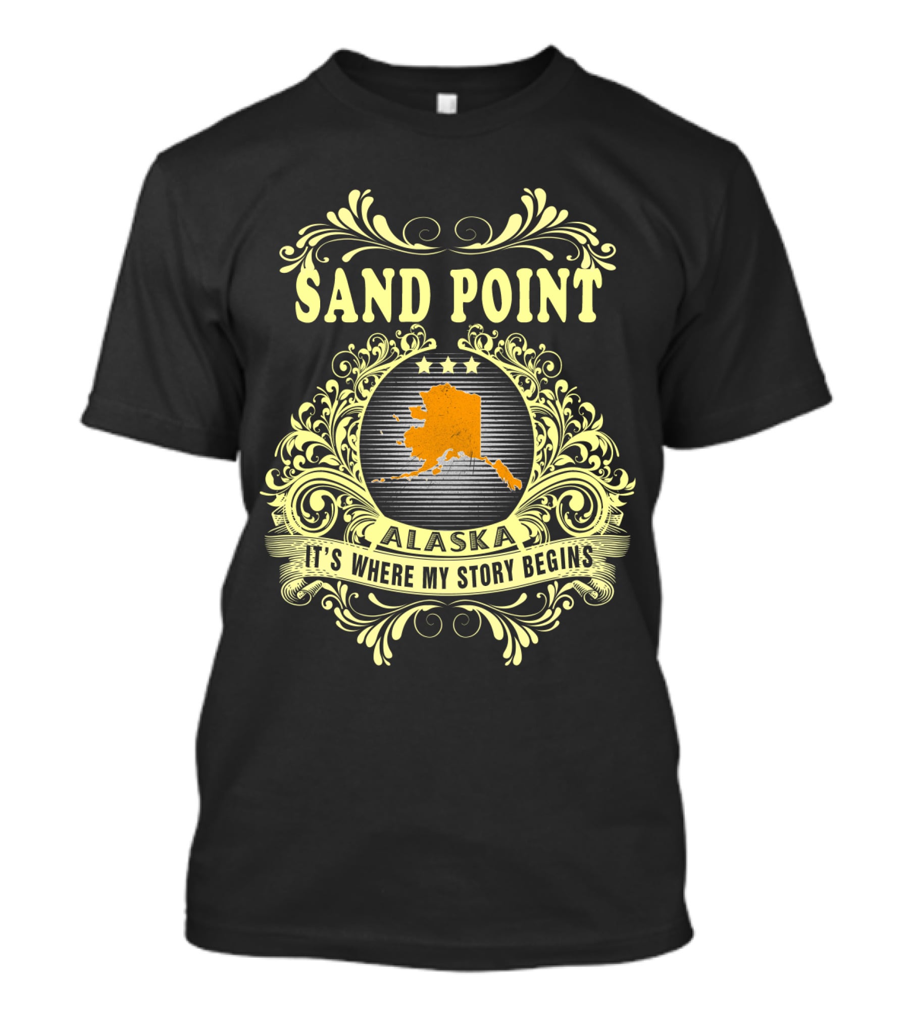 Sand Point Alaska It's Where My Story Begins Ornate Design With Alaska State T-Shirt