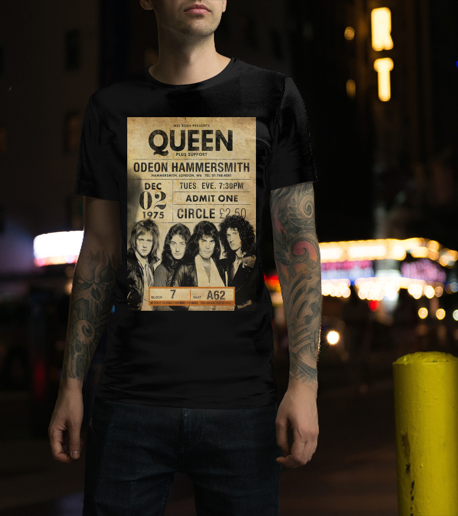 Queen Concert Odeon Hammersmith Dec 02 1975 Admit One Circle 7:30PM Block 7 Seat A62 T-Shirt