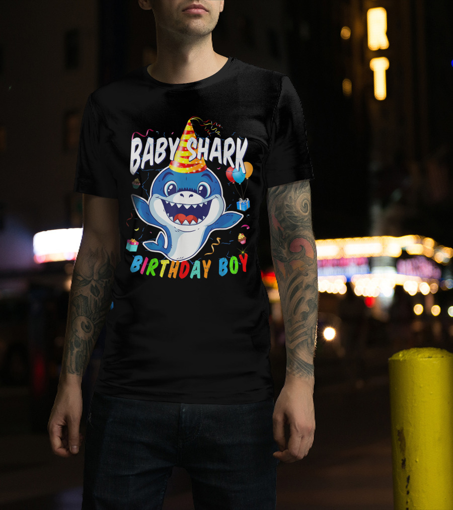 Baby Shark Birthday Boy Celebration With Party Hat And Balloons T-Shirt