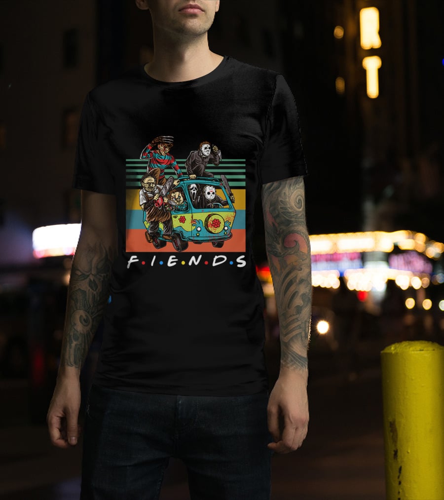 Fiends TV Show Horror Movie Characters Parody With Freddy Jason Scream Driving Scooby-Doo Van T-Shirt