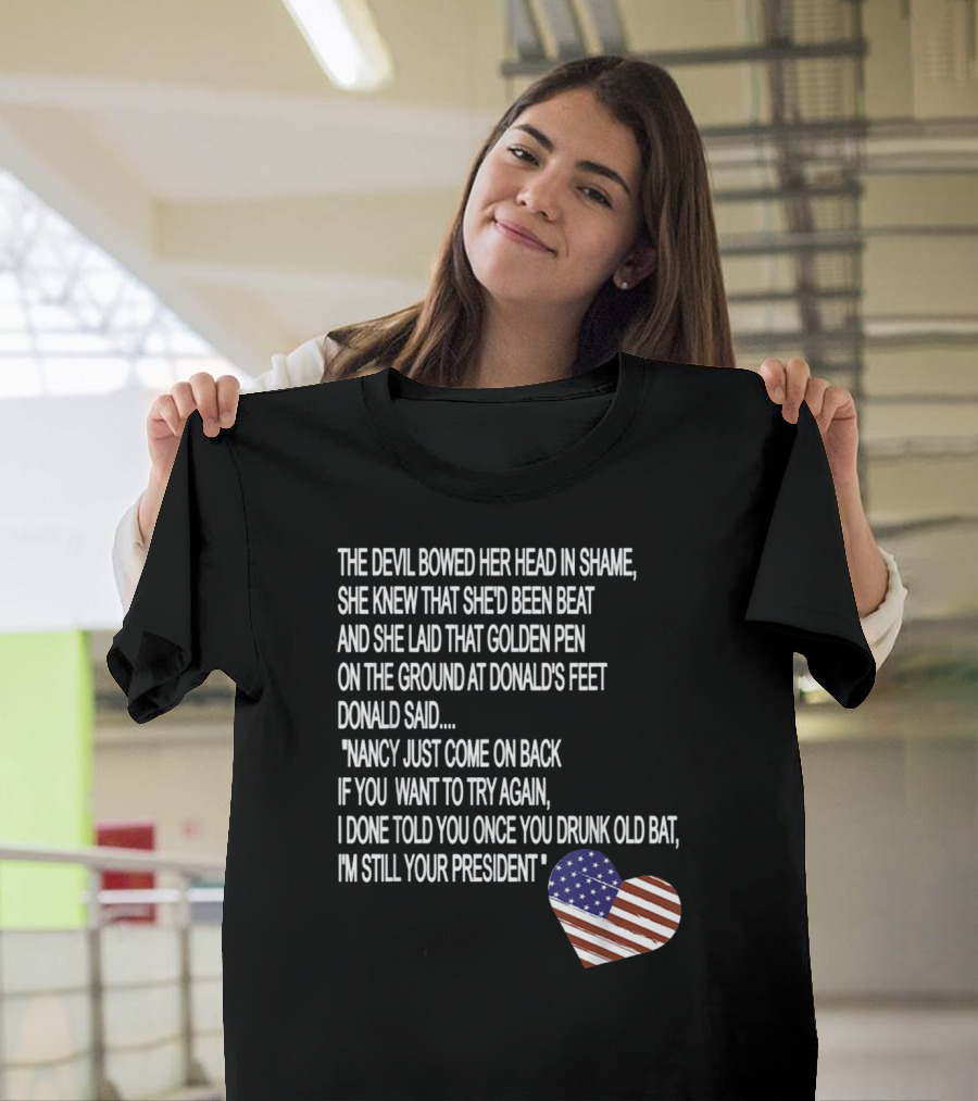 Impeachment Hoax Nancy Pelosi Poem The Devil Bowed Her Head With American Flag Heart T-Shirt