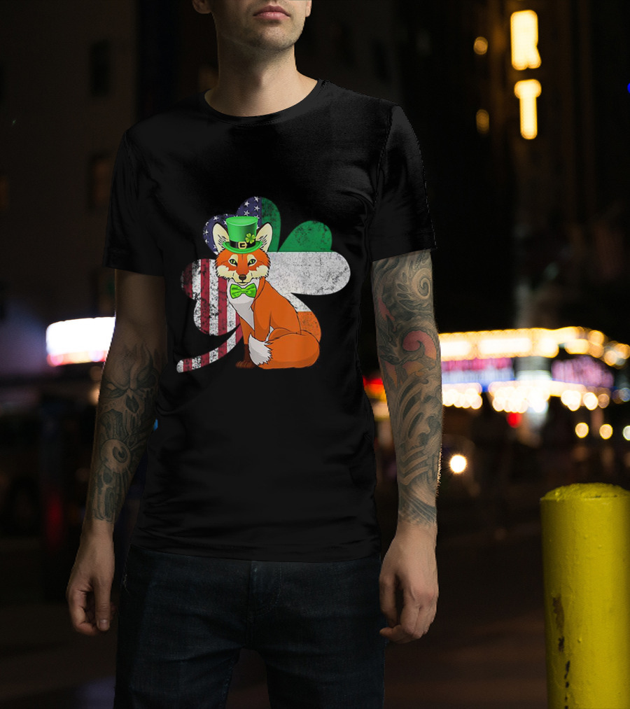 Irish American Flag Shamrock With Bow Tie Fox In Green Hat T-Shirt