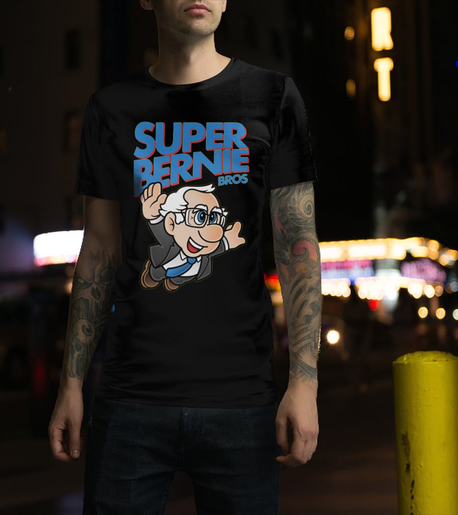 Super Bernie Bros Flying Cartoon Character In Blue Suit And Glasses Iconic T-Shirt