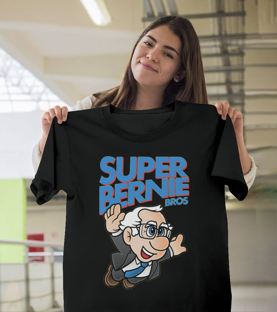 Super Bernie Bros Flying Cartoon Character in Blue Suit and Glasses Iconic T-Shirt