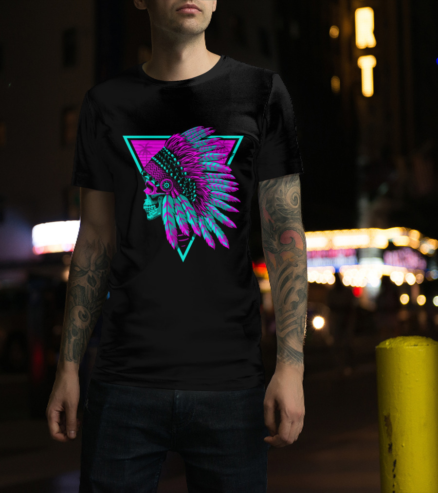 Retro Neon Skull With Headdress In Triangle Frame T-Shirt
