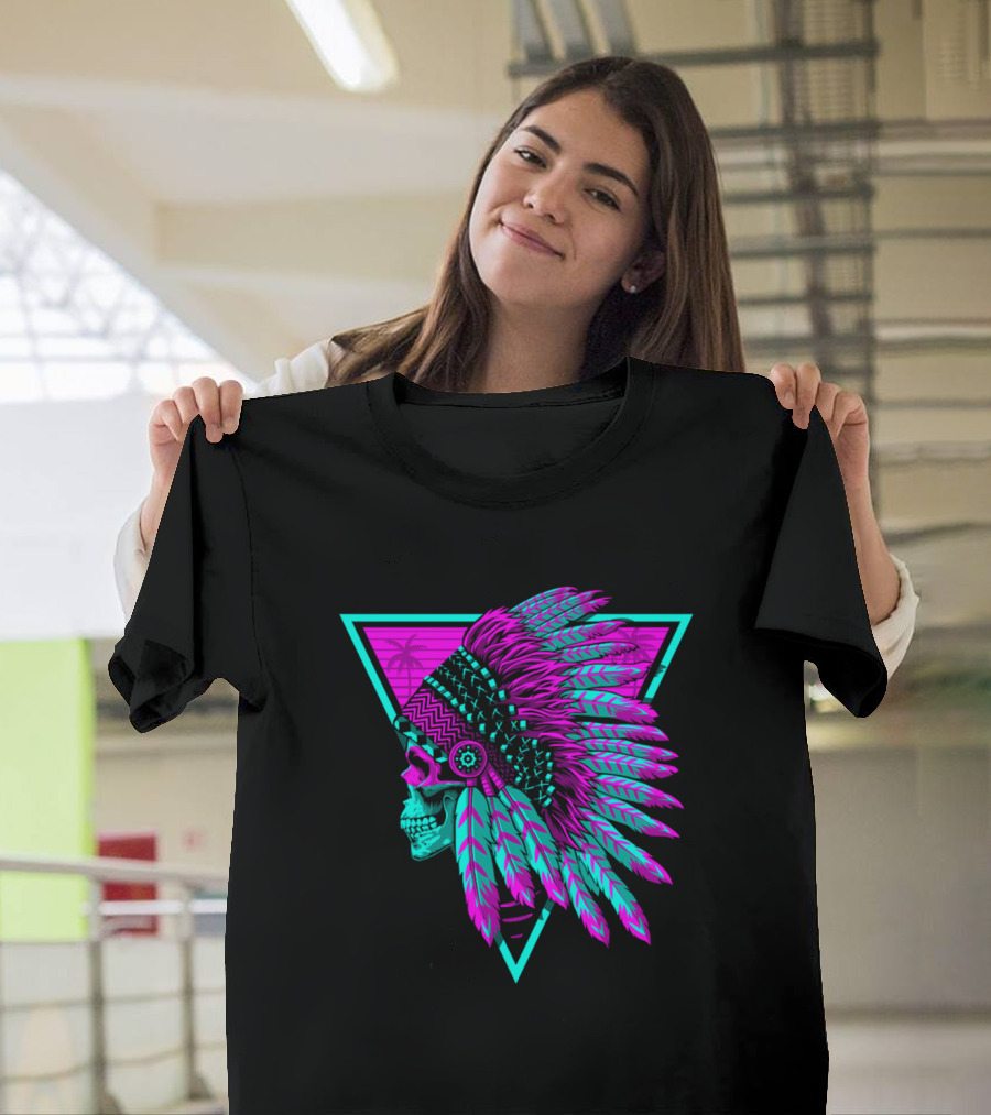 Retro Neon Skull With Headdress In Triangle Frame T-Shirt