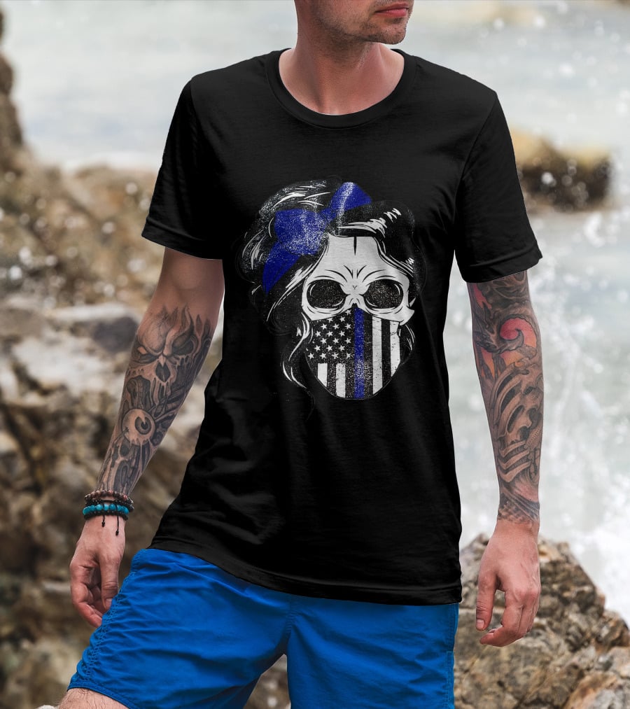 Skull Flag Blue Line Mask With Hair Bow And American T-Shirt