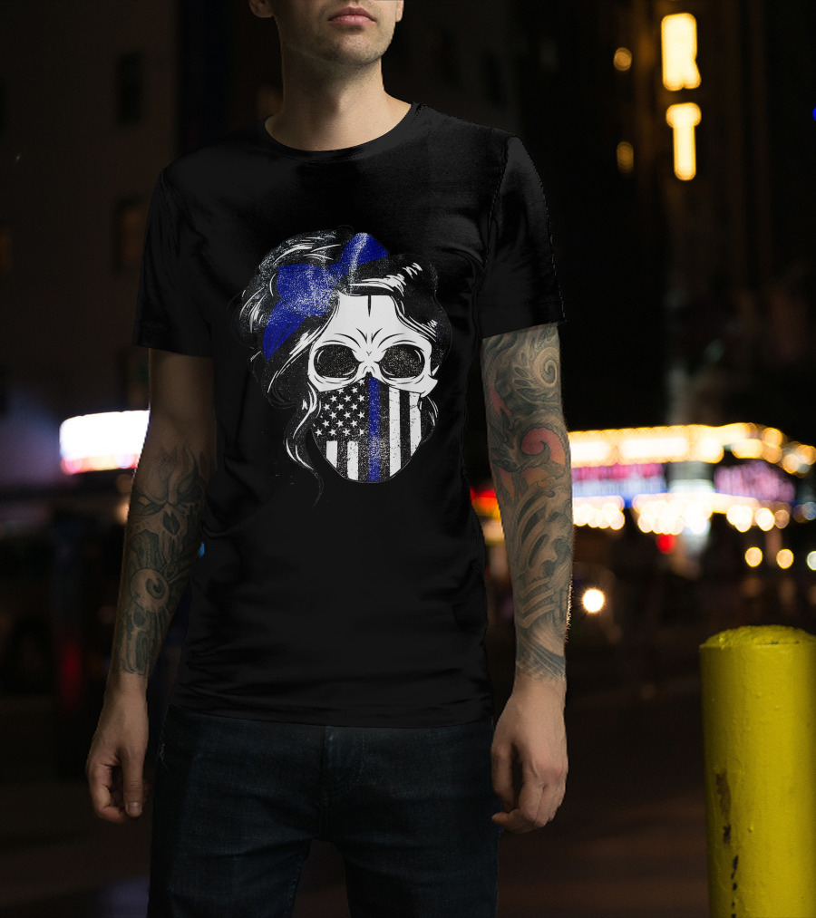 Skull Flag Blue Line Mask With Hair Bow And American T-Shirt