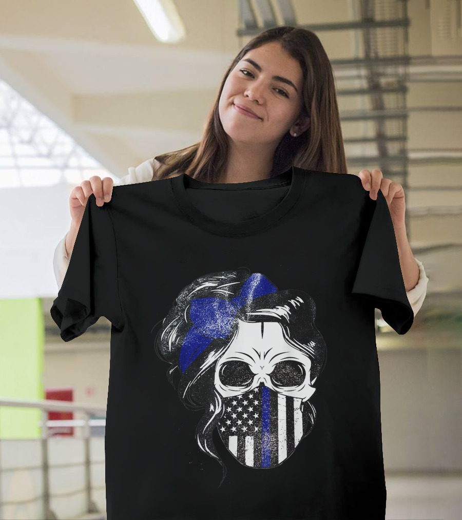 Skull Flag Blue Line Mask with Hair Bow and American T-Shirt