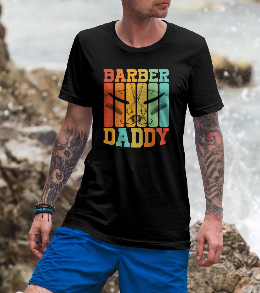 Barber Daddy Scissors And Comb Mustache Style Retro Blocks T-Shirt