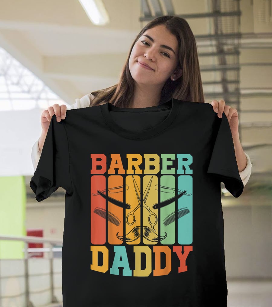 Barber Daddy Scissors And Comb Mustache Style Retro Blocks T-Shirt