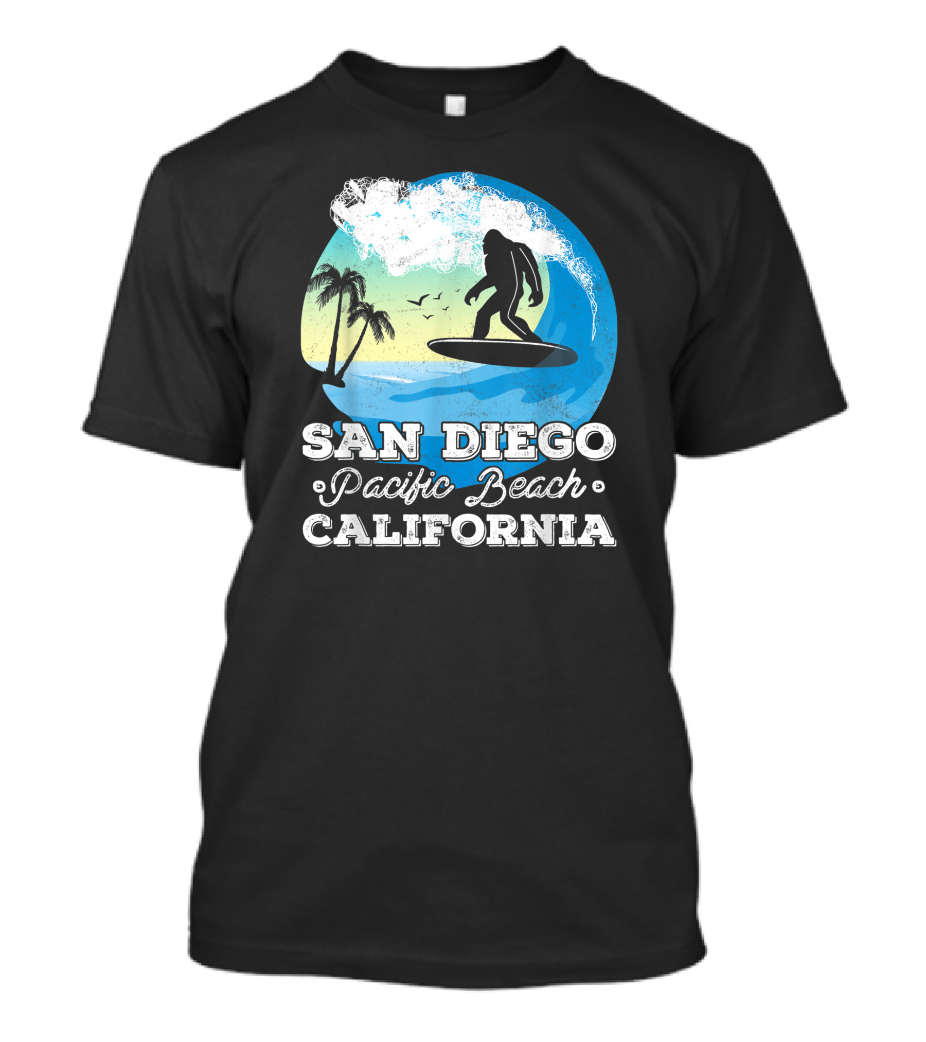 San Diego Pacific Beach California Bigfoot Surfer Adventure Scene T-Shirt