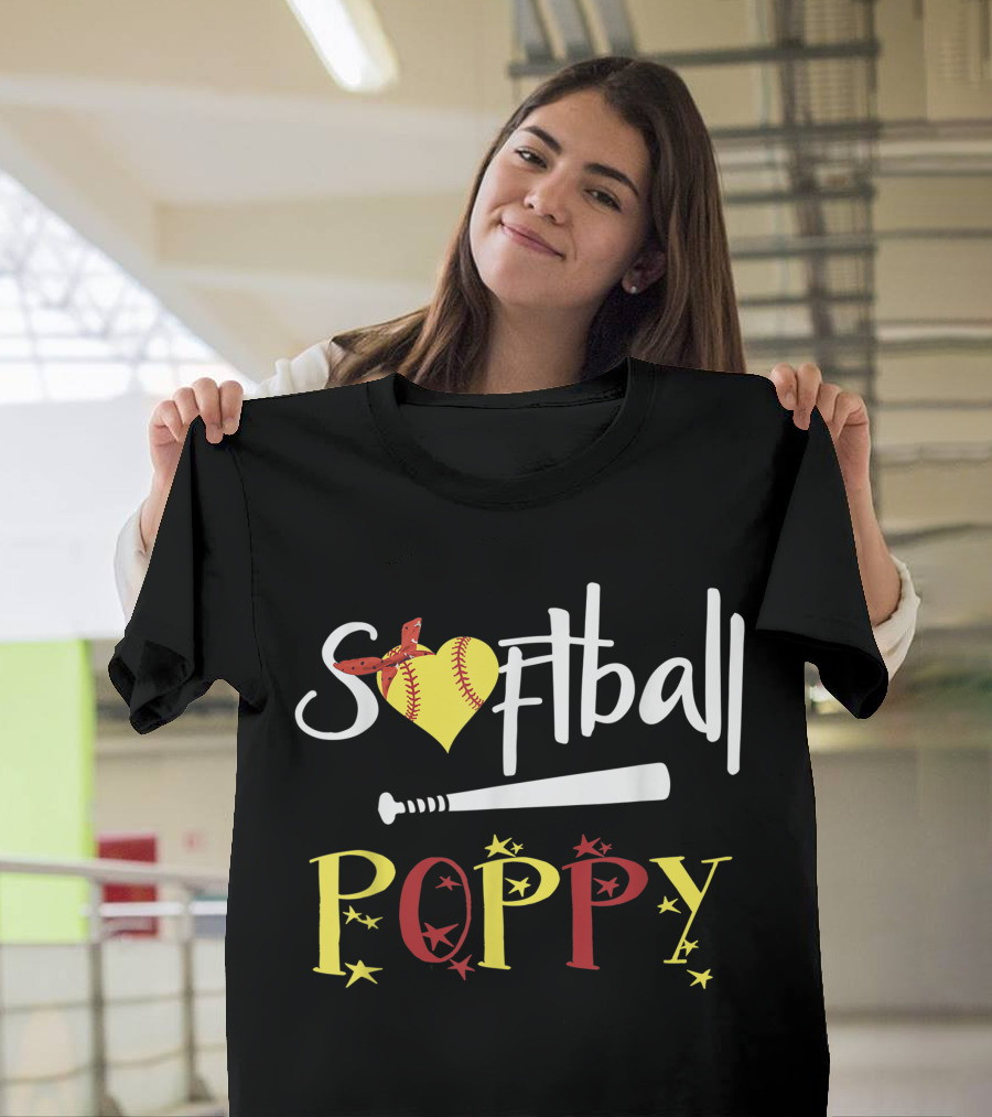 Softball Heart Bat Poppy Stars T-Shirt