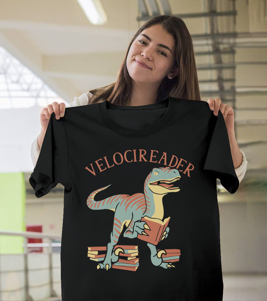 VELOCIREADER Dinosaur Reading Book With Stacked Books T-Shirt
