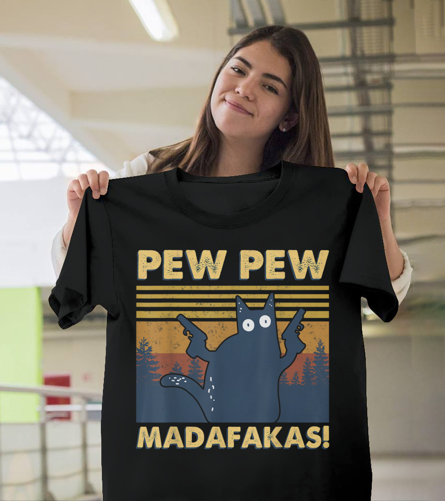 Pew Pew Madafakas Cat Retro Gun-Wielding Forest T-Shirt