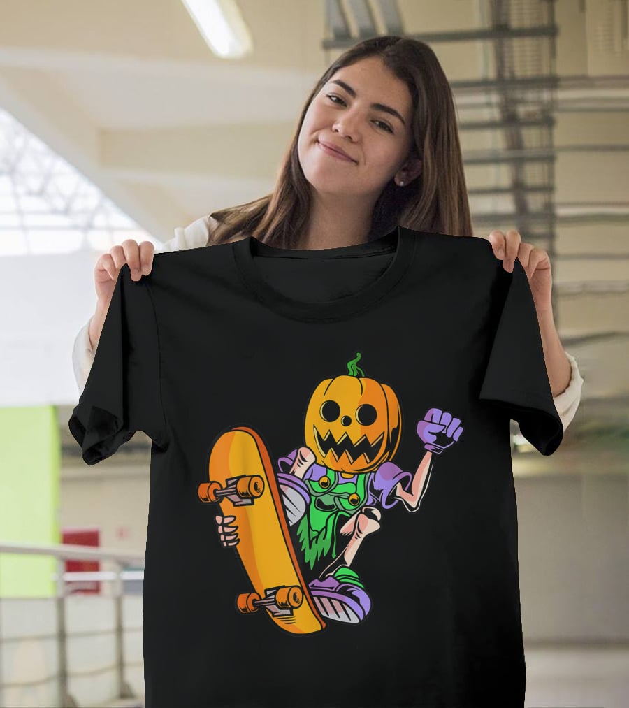 Pumpkin Head Trick Skateboarding With Halloween T-Shirt