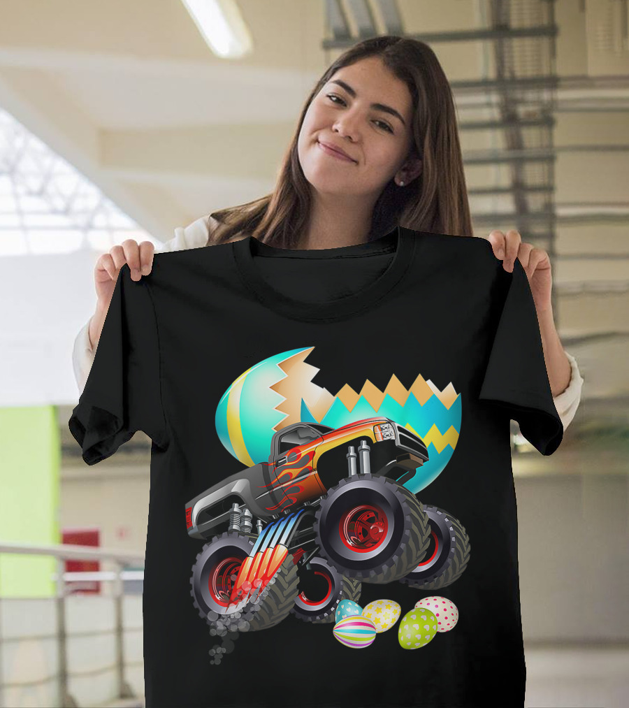 Monster Truck Cracking Colorful Easter Eggs Explosion T-Shirt
