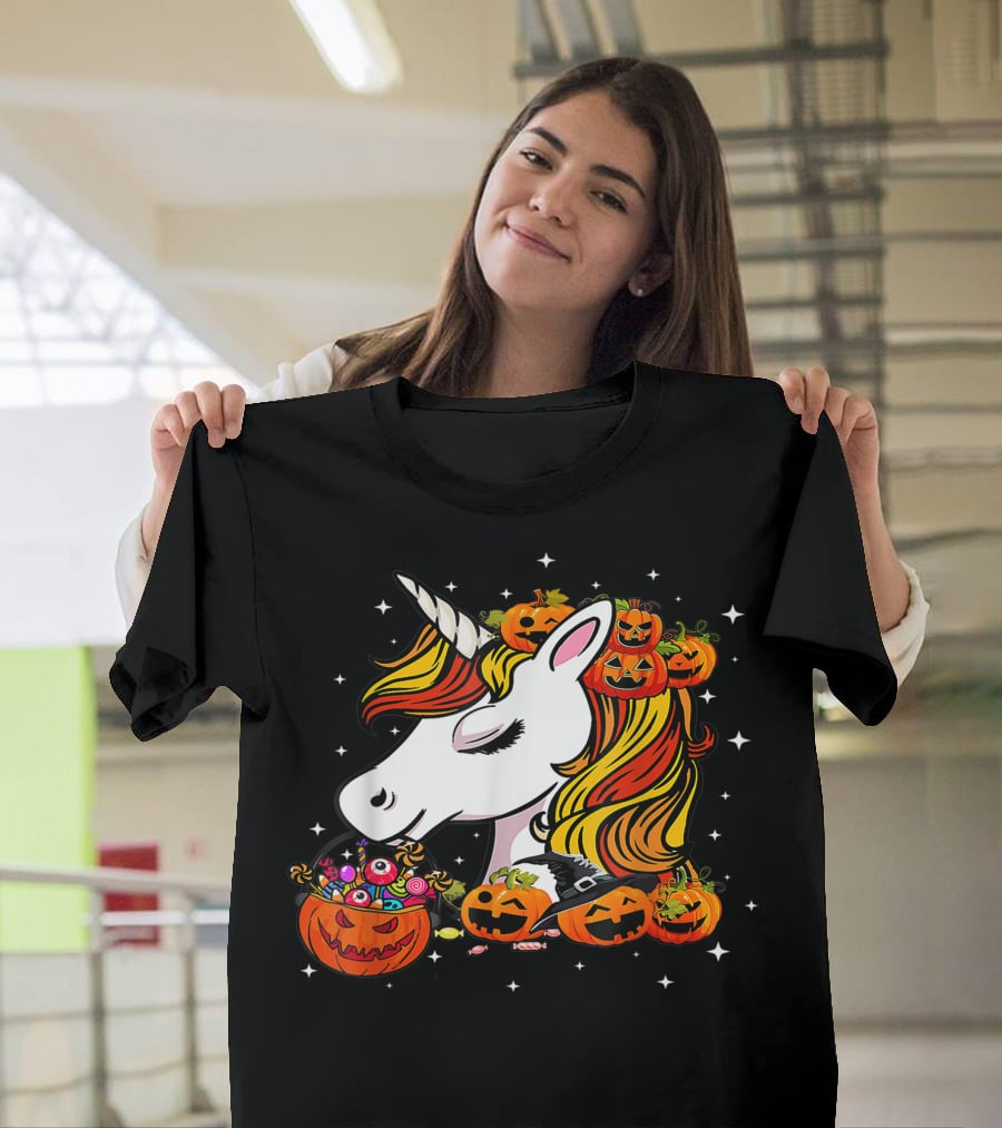 Candy Corn Unicorn Surrounded By Jack-O-Lanterns And Candy-Eyed Treats Halloween T-Shirt