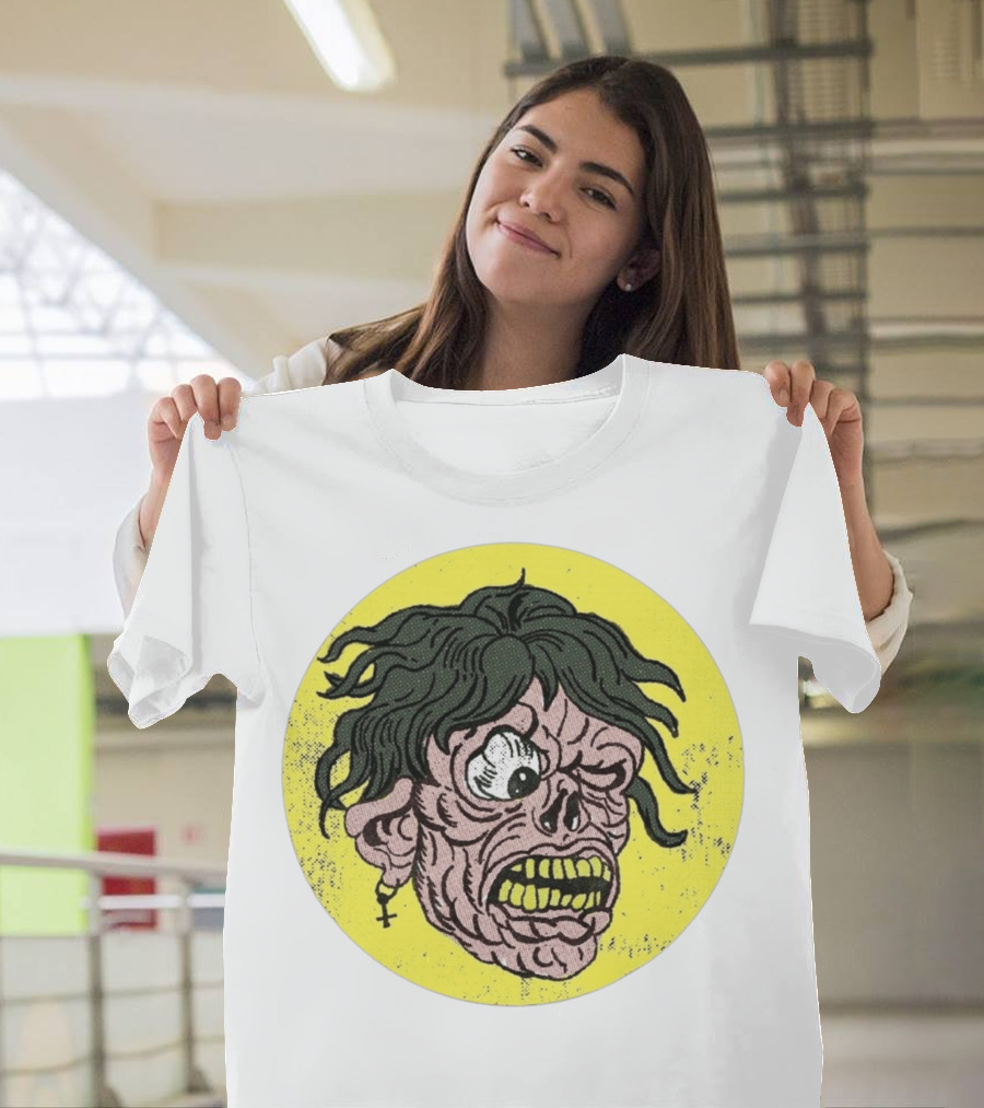 Rebel Zombie Grinning Undead Head With Cross Earring On Yellow Circle T-Shirt