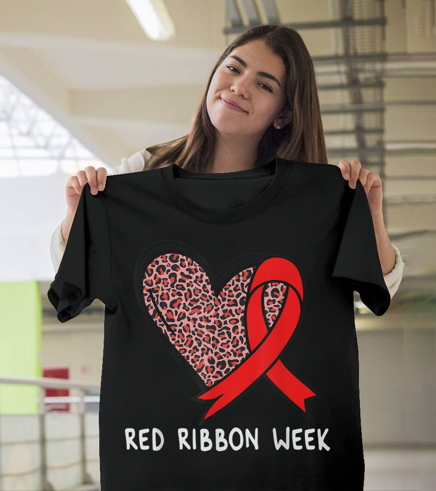 Red Ribbon Week Leopard Print Heart T-Shirt