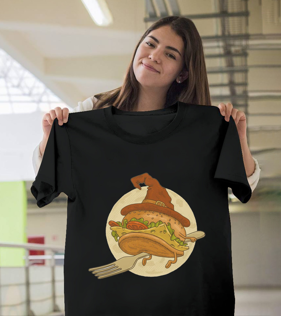 Hamburger with Witch Hat Riding a Fork in Front of Full Moon T-Shirt