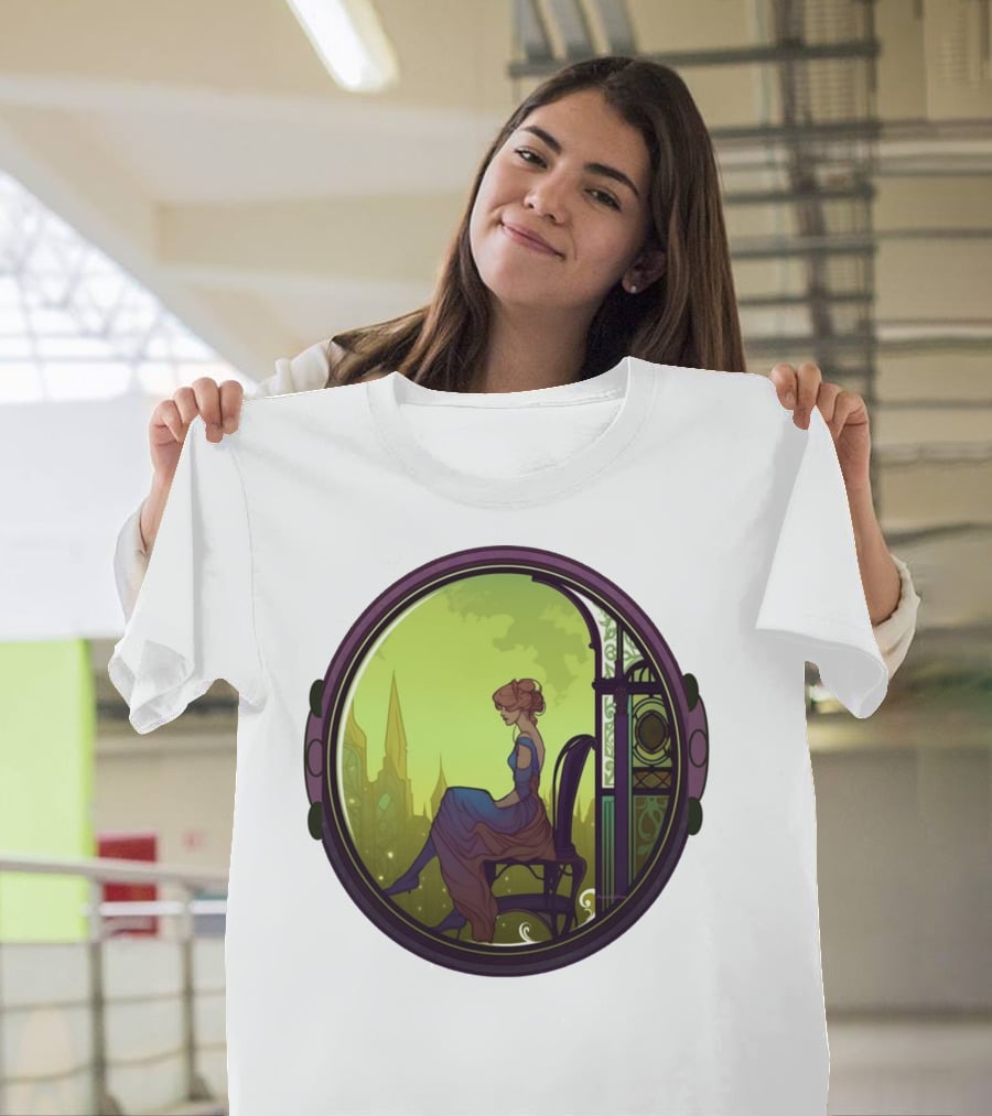 Mysterious Pensive Woman In Enchanted Gothic Cityscape T-Shirt